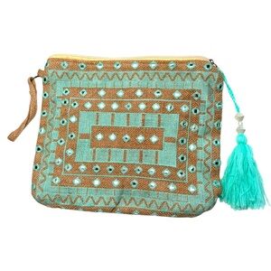 Ranee’s Bohemian Teal Tan jute Clutch with Pom Pom boho bag embroidered beach